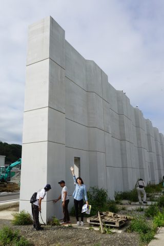 青い空を背景に、芝生の平原に立つ風力タービン。